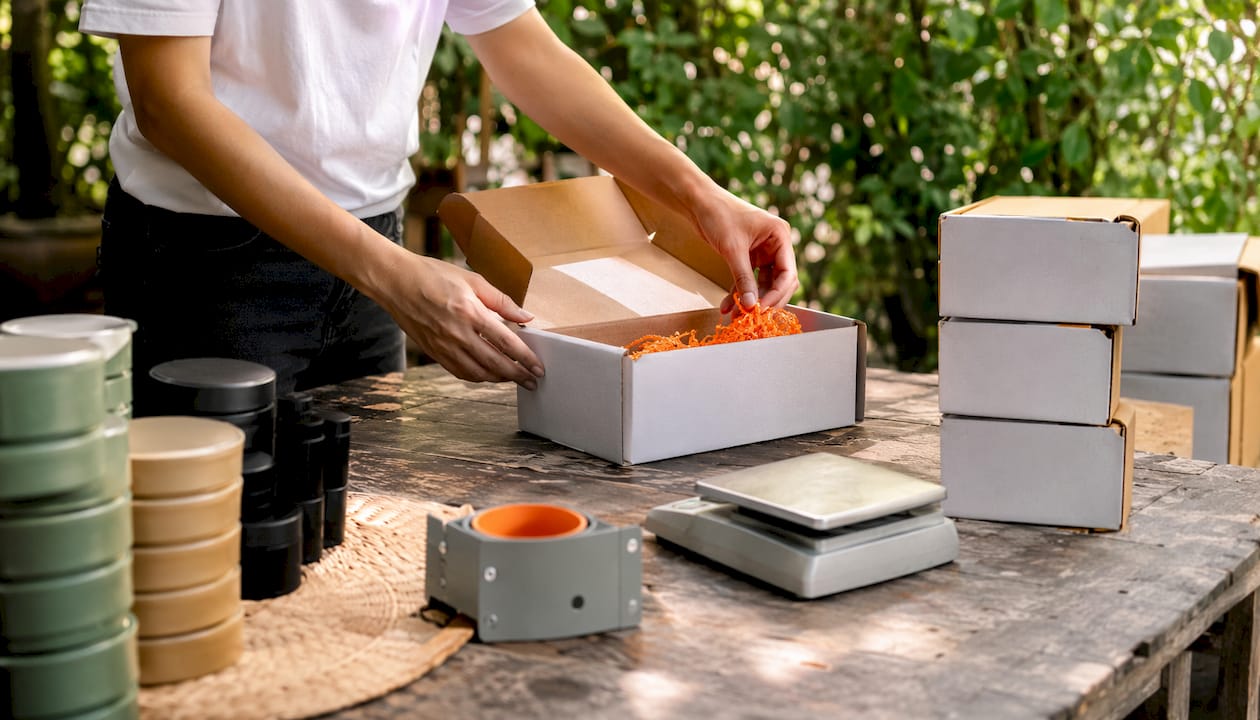 Hands packing subscription box in bright room