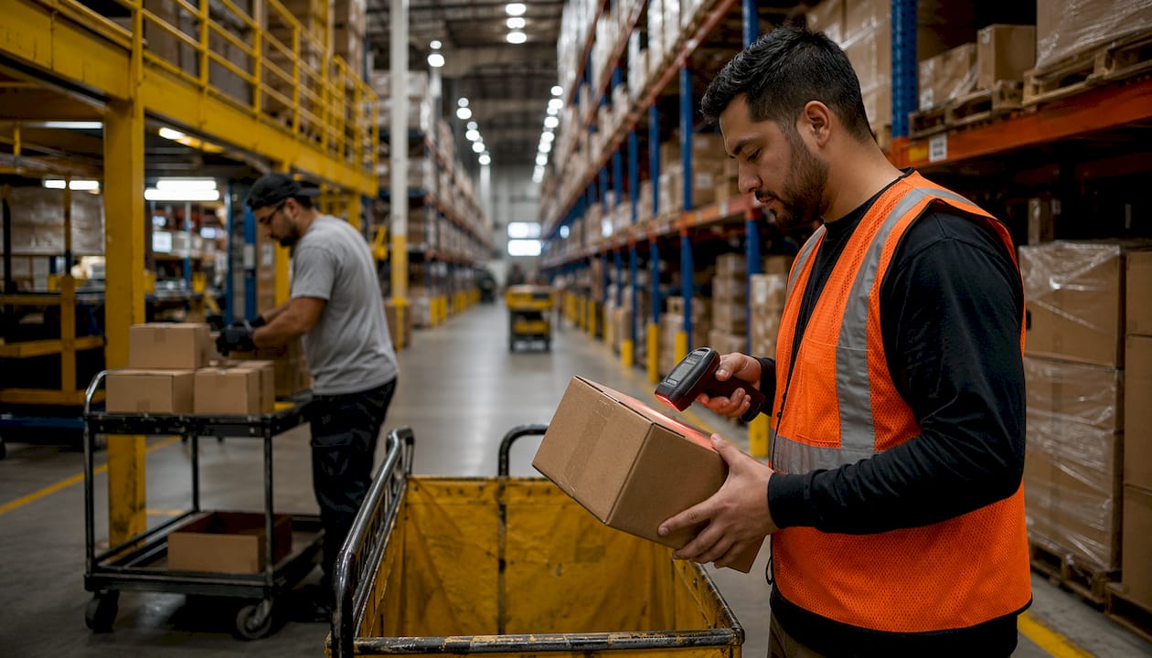 Busy Amazon fulfillment warehouse interior