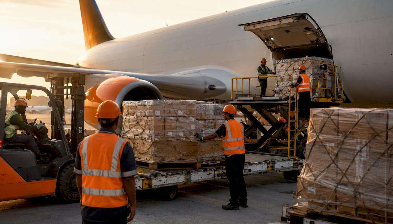 Cargo handlers loading air freight pallets onto airplane