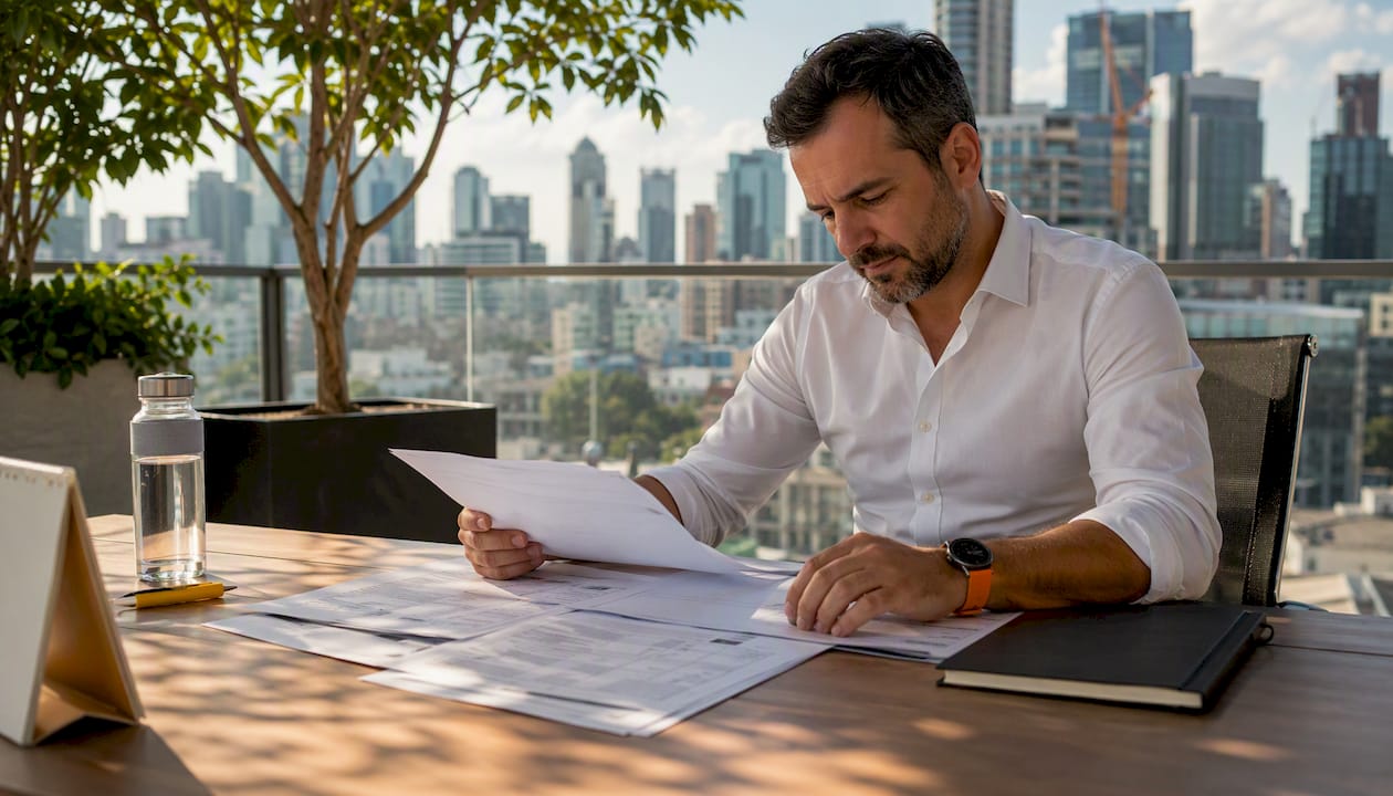 Supply chain manager reviewing ARO documents at desk