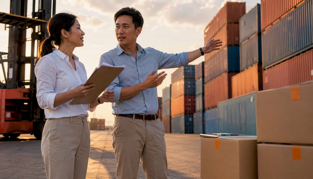 Two logistics workers discussing shipping terms in warehouse office