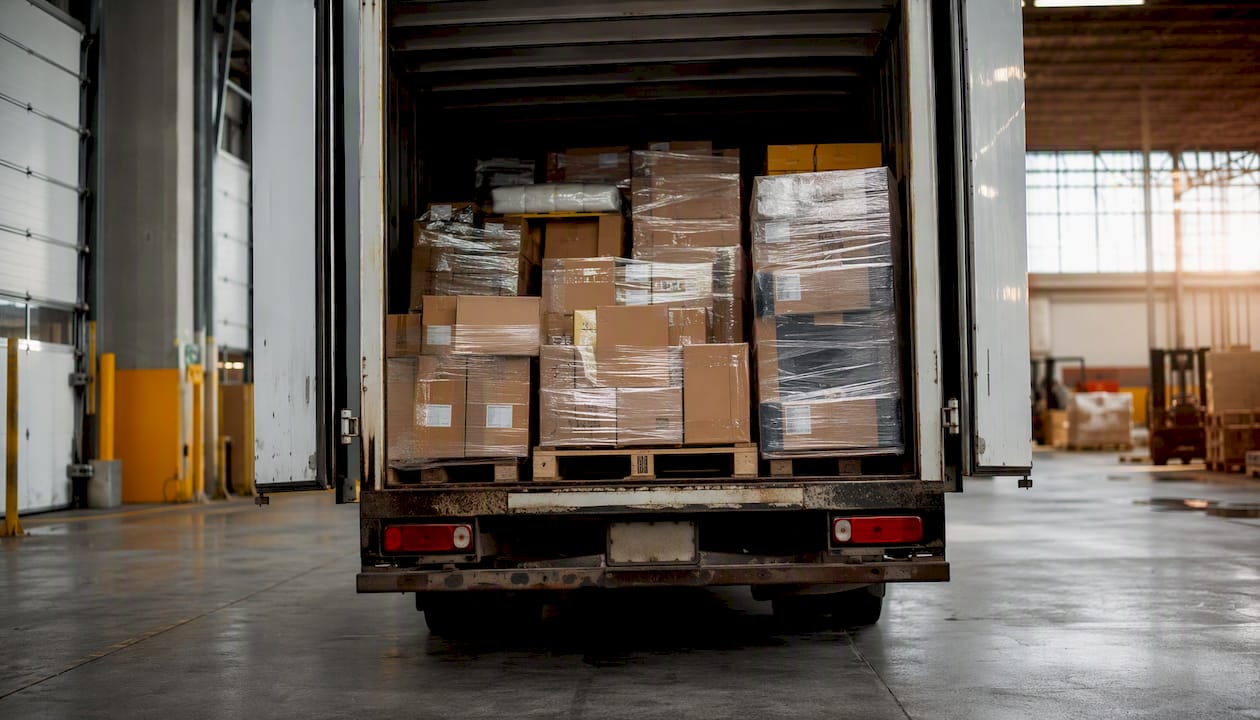 Truck unloading cargo at fulfillment center bay