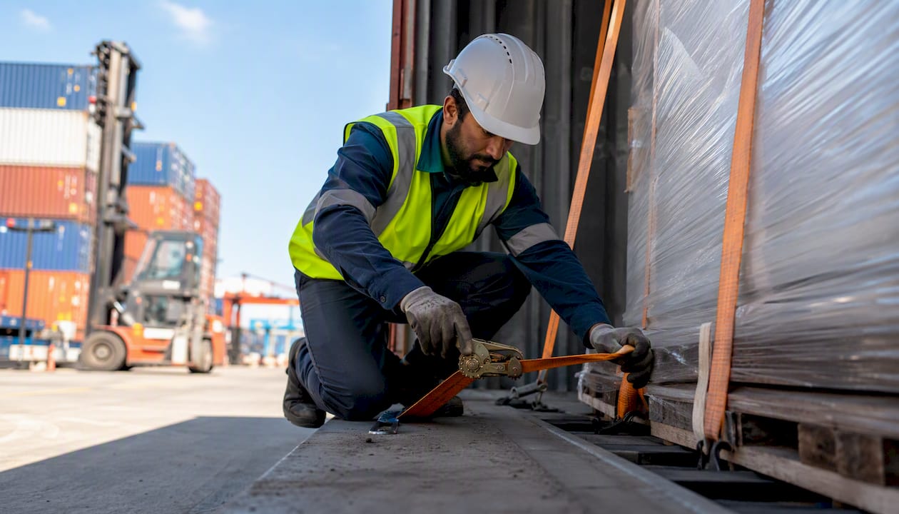 Freight worker securing cargo in container