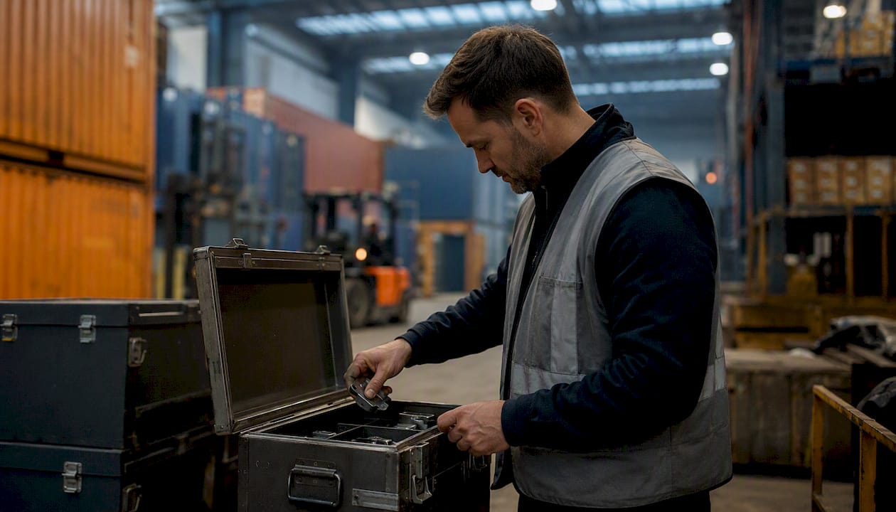 Hands inspecting shipping assist toolkit