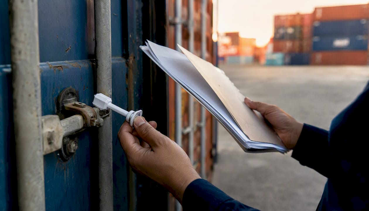 Customs agent hands checking cargo documents