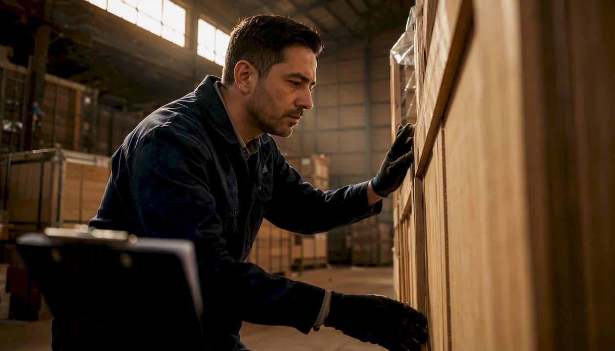 Inspector examining cargo crate by hand