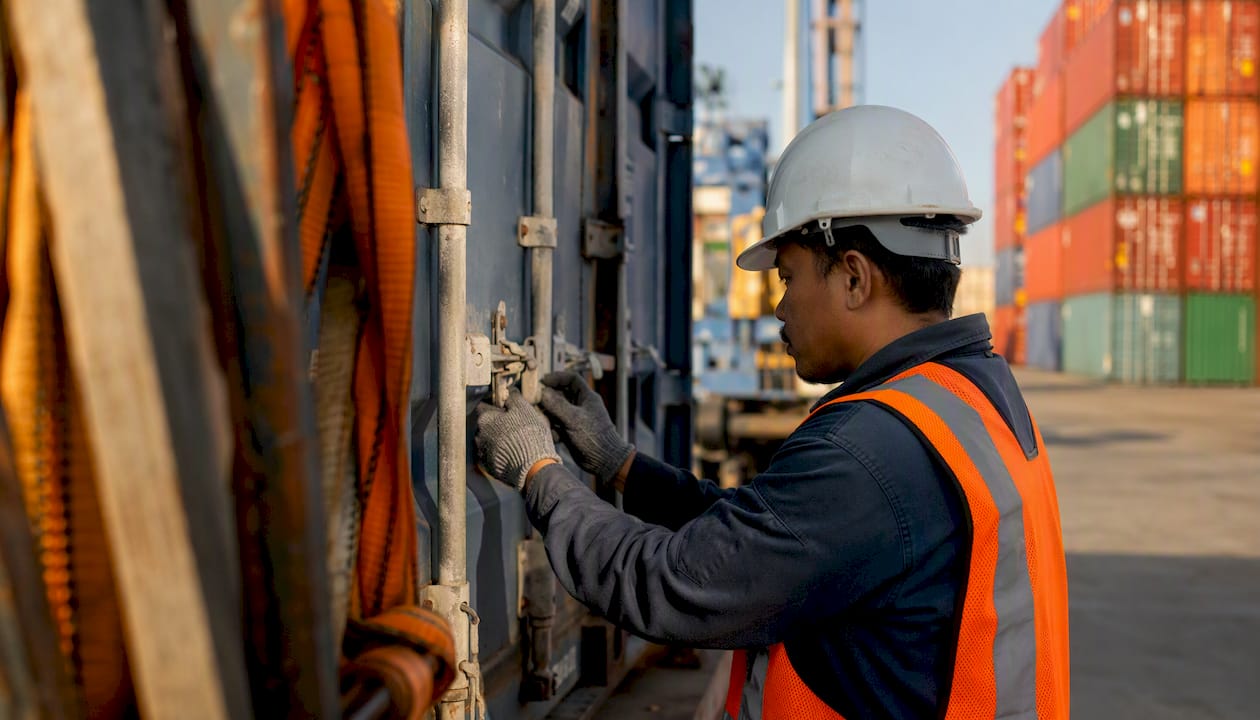 Hands securing shipping container lock