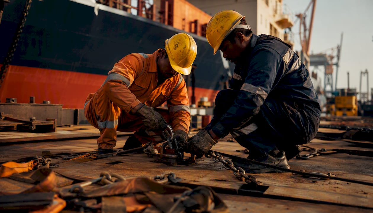 Hands securing container locks on ship deck