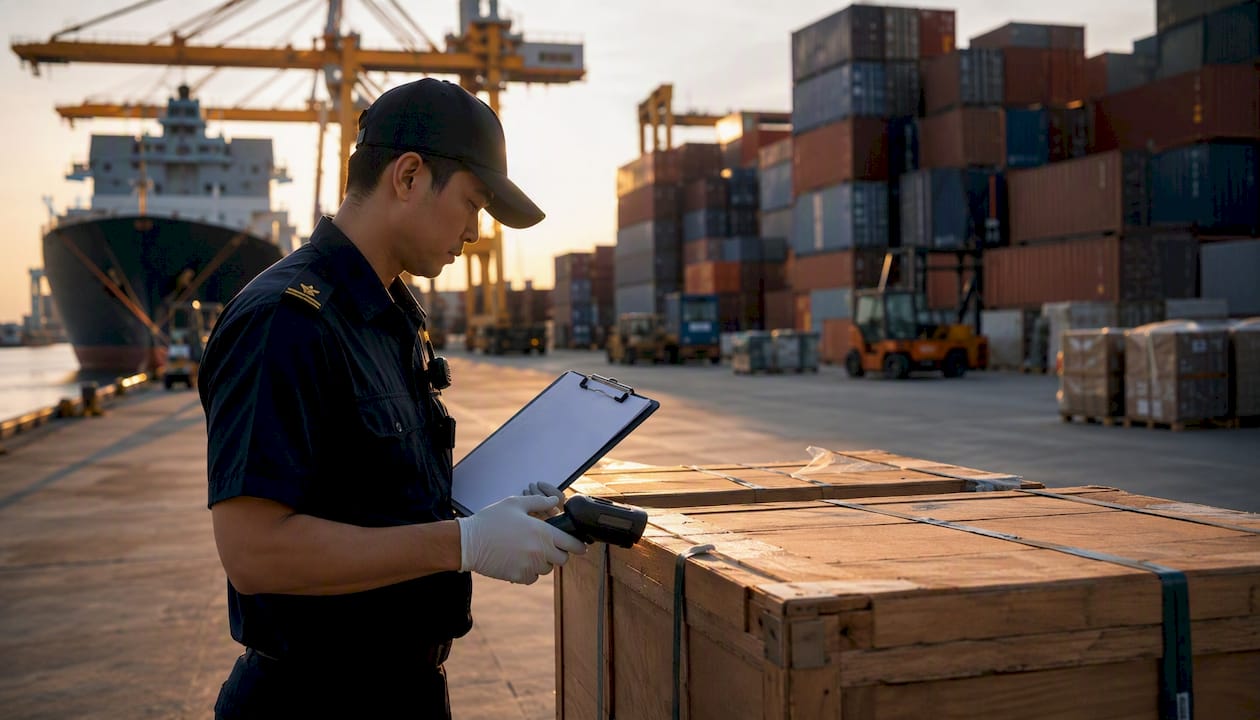 Customs officer inspecting cargo crates