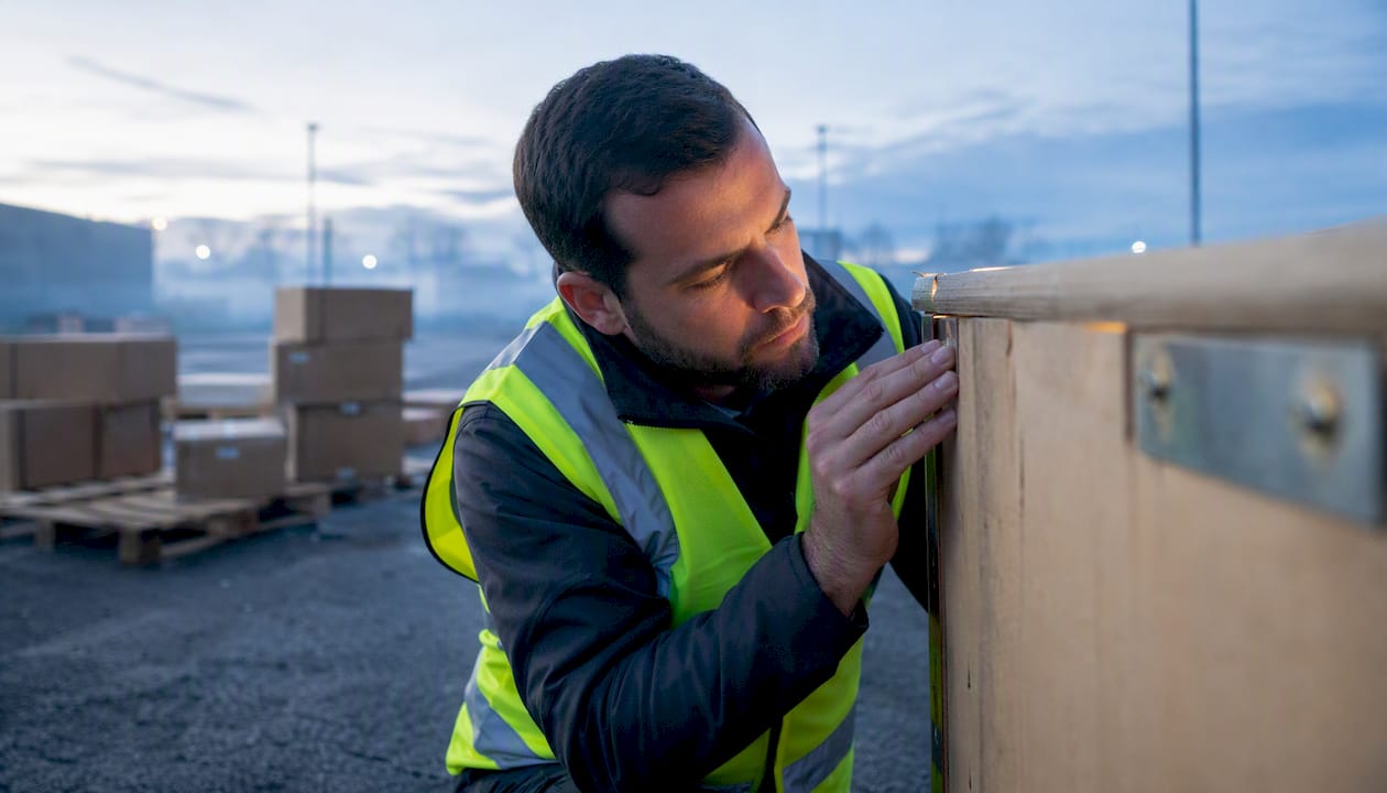 Customs officer examining shipping crate