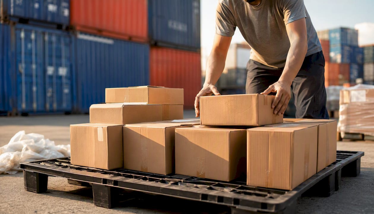 Hands stacking cartons for freight consolidation
