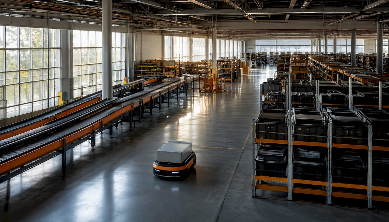 Warehouse zones showing conveyor, storage, and AGV robot