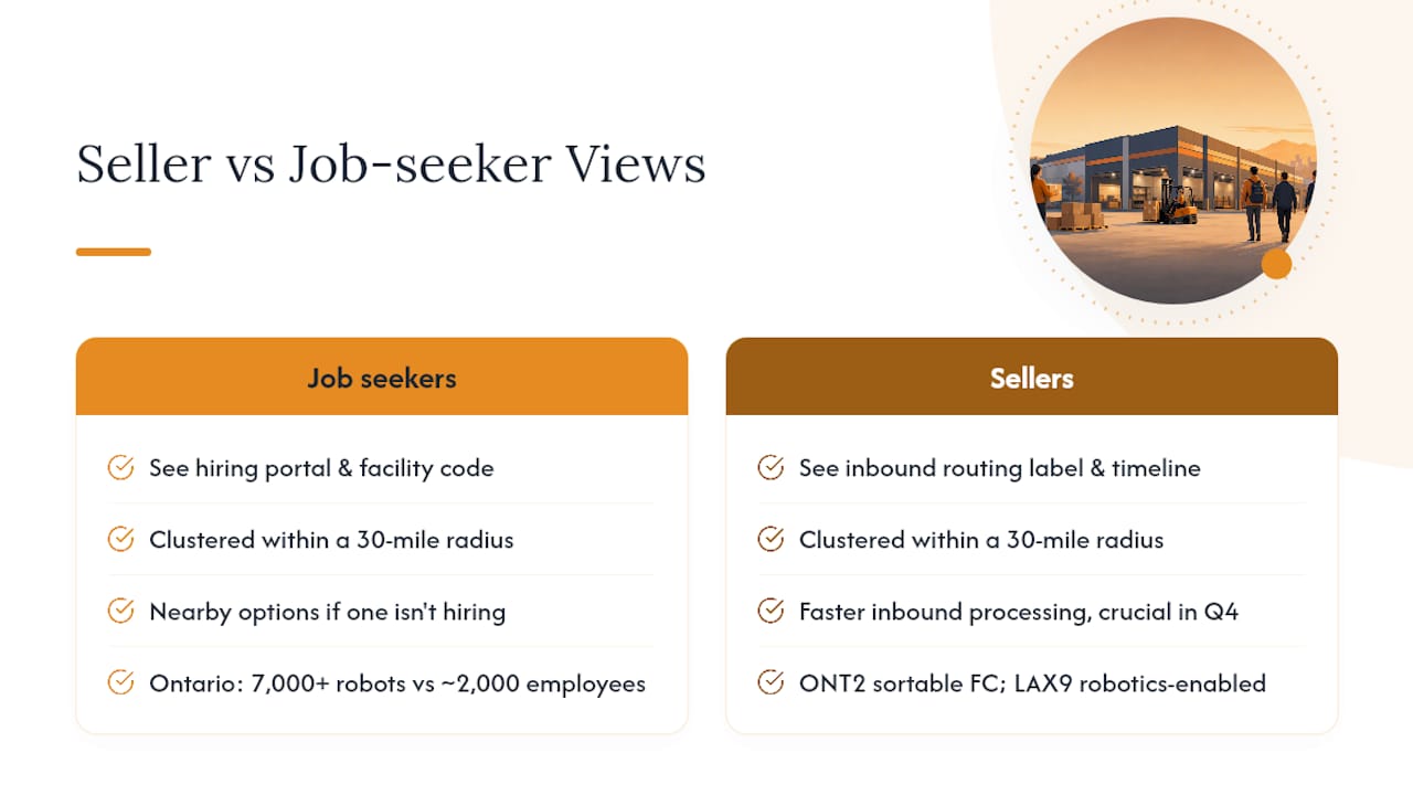 What California Amazon facilities mean for sellers and job seekers alike — overview diagram