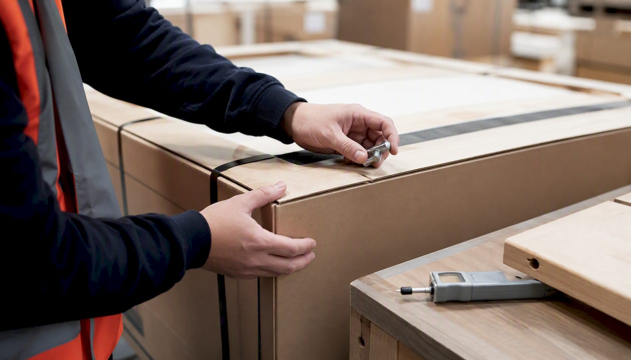 Hands inspecting furniture packaging and hardware