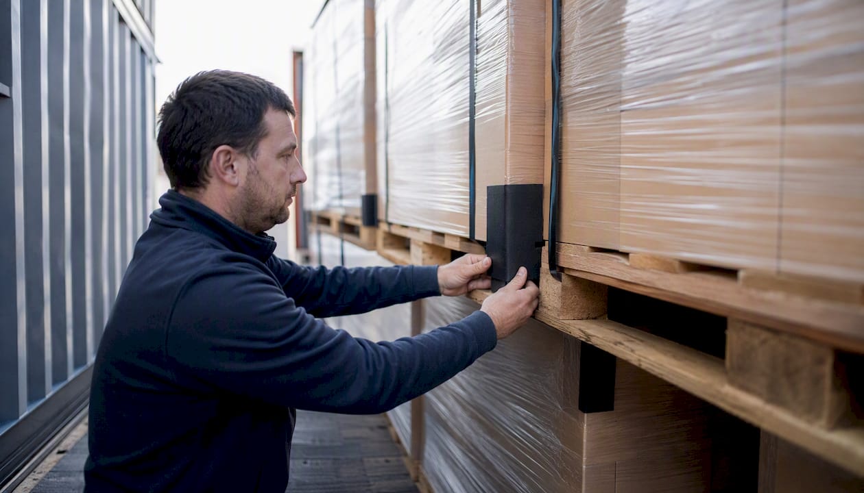 Close-up of packed furniture cartons on pallets