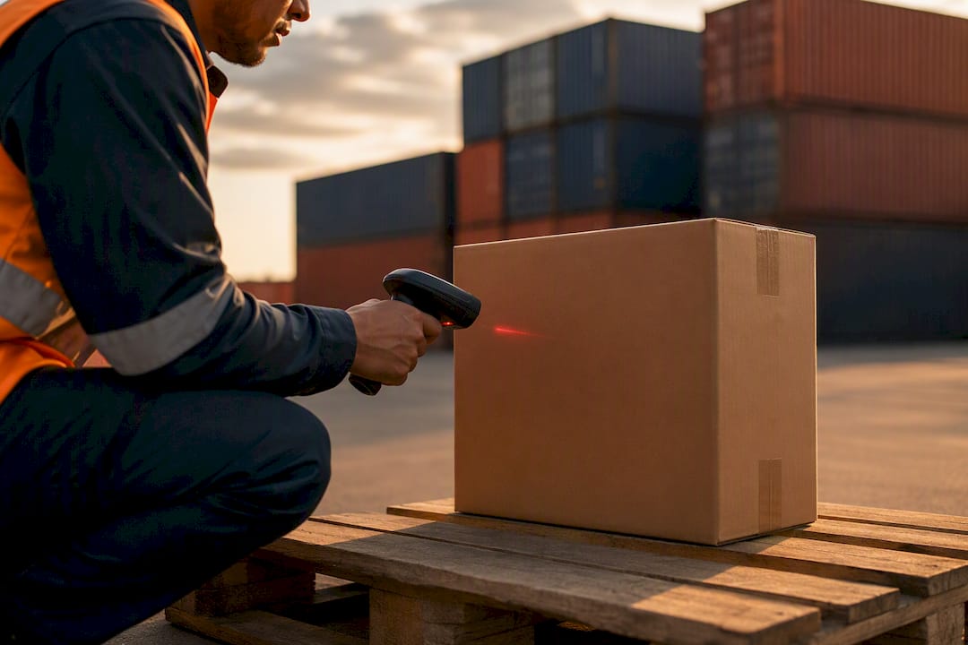 Worker scanning barcode on carton