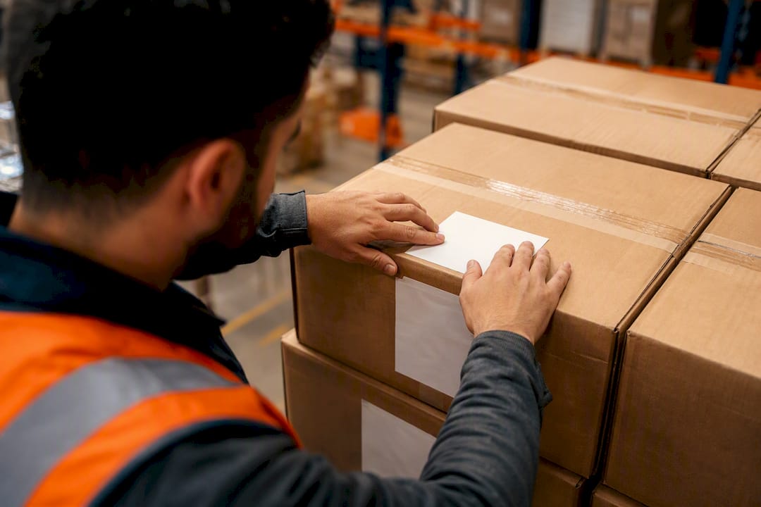 Logistics worker verifying shipment labels