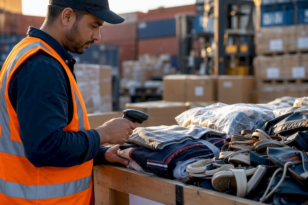 Worker inspecting imported goods at dock
