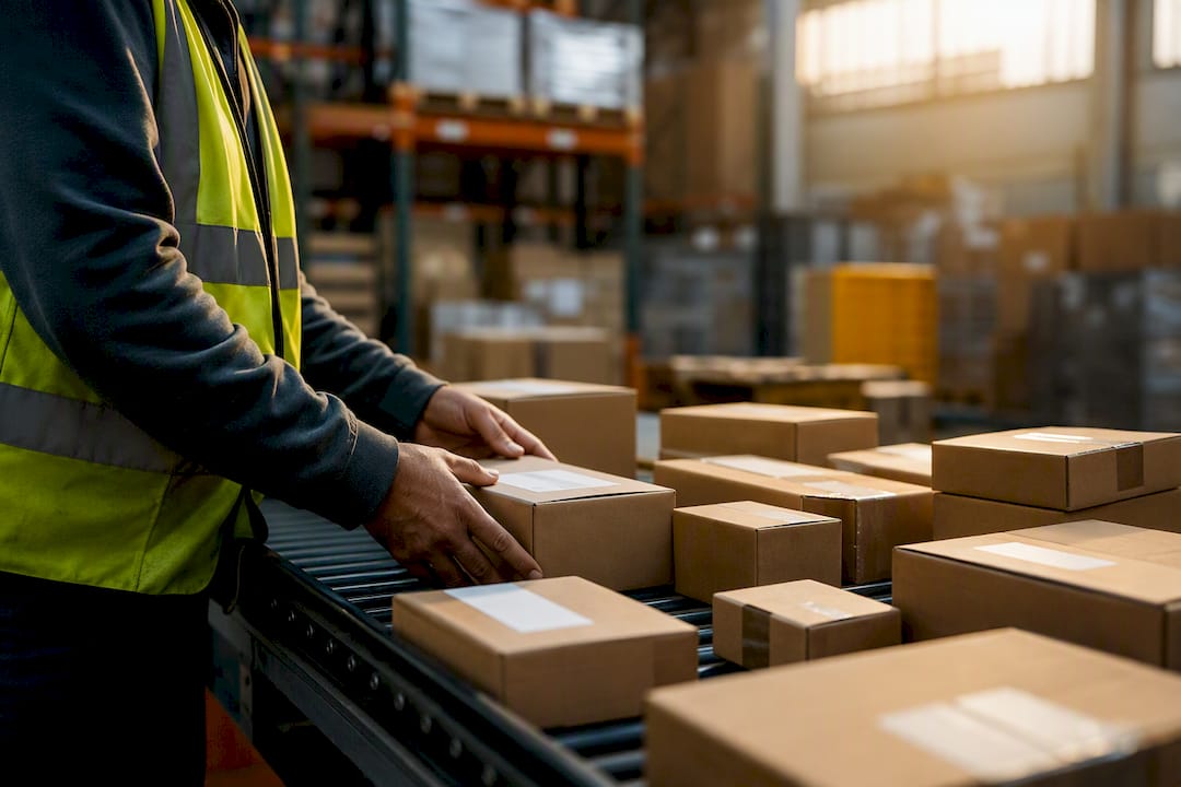 Hands sorting packages in warehouse export section