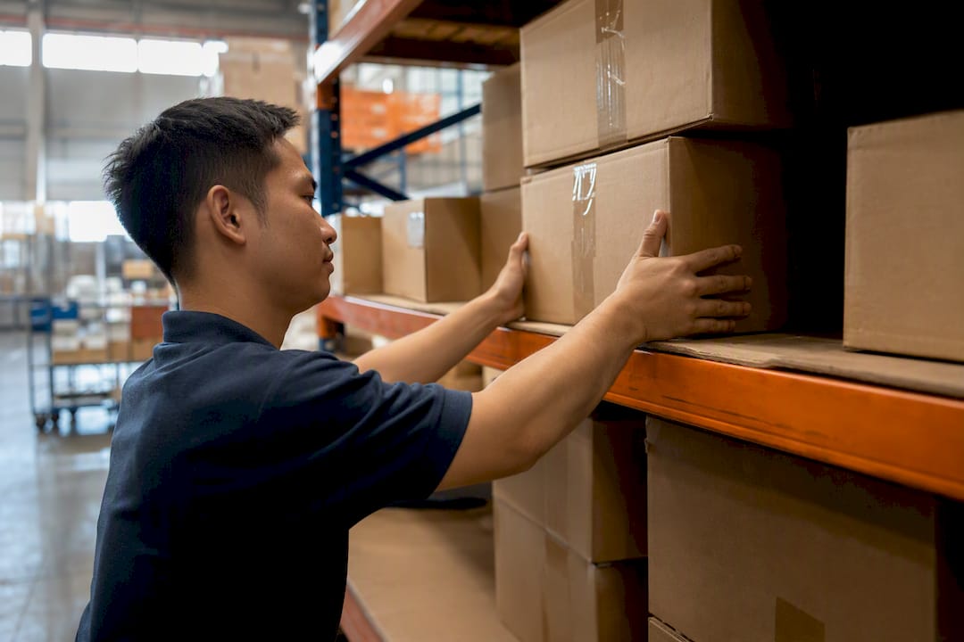 Worker loading boxes in a warehouse