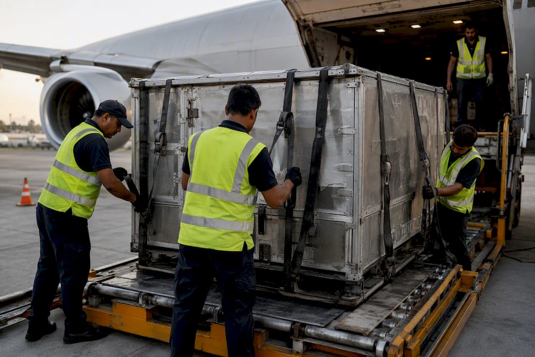 Workers loading air cargo containers on plane ramp