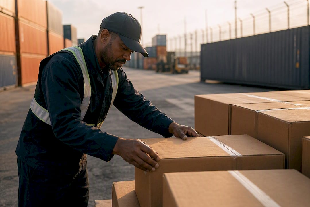 Customs broker inspecting shipping cartons