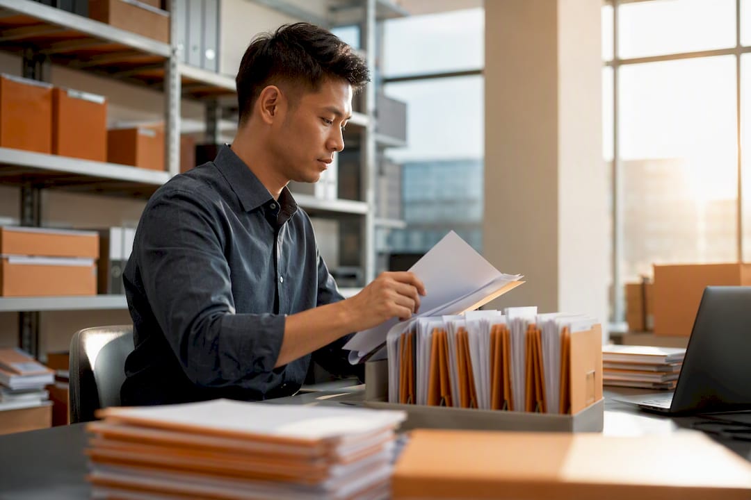 Hands filing organized folders in logistics office