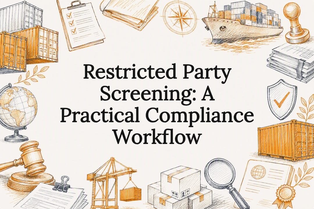Decorative title card illustration for restricted party screening