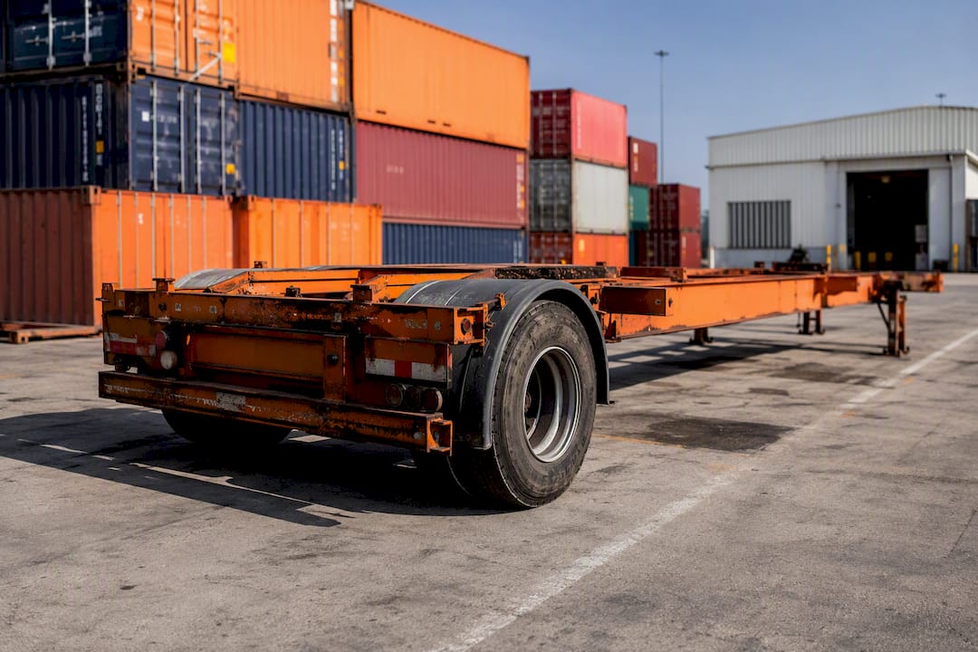 Empty container chassis parked outside a warehouse