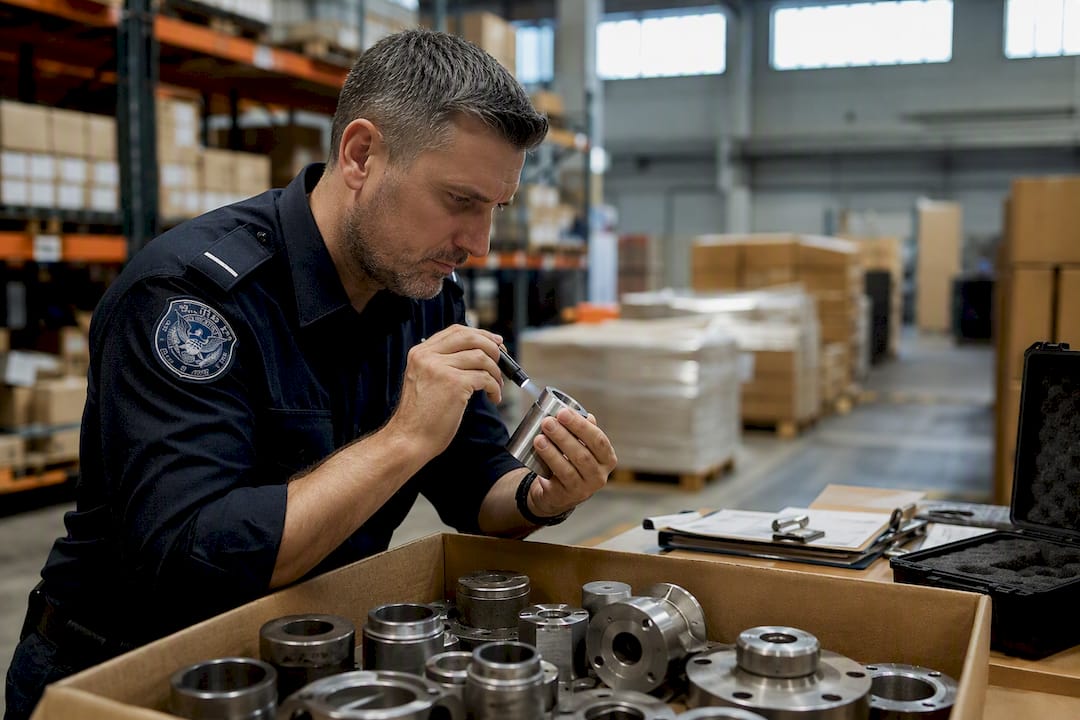 Hands inspecting metal goods at customs