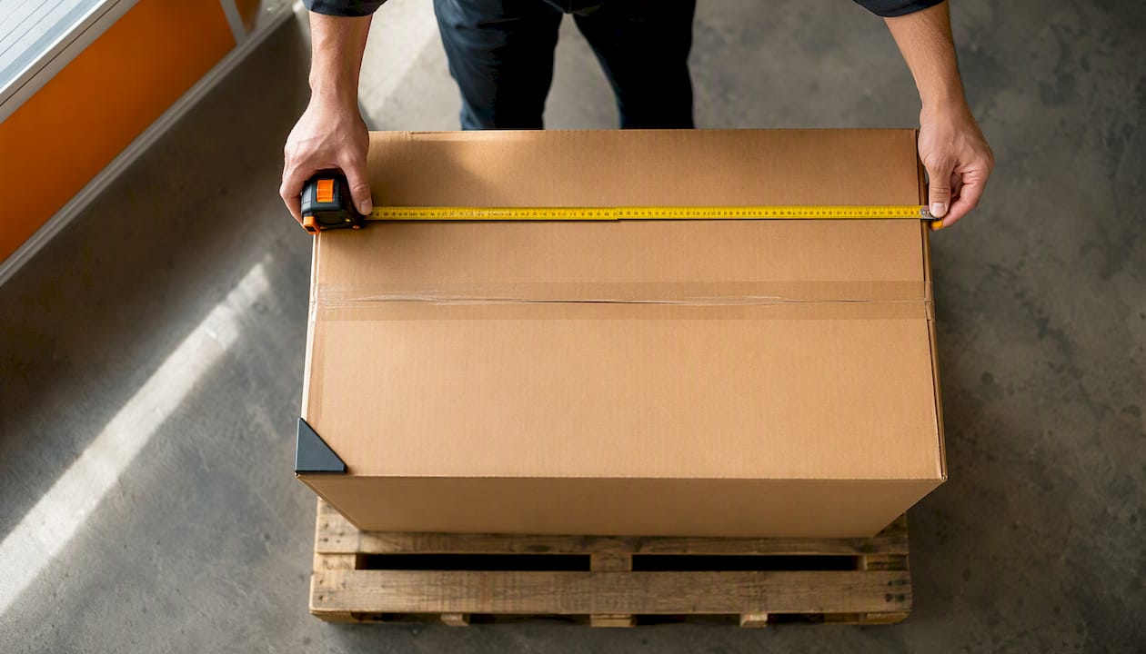Hands measuring a packed shipping carton
