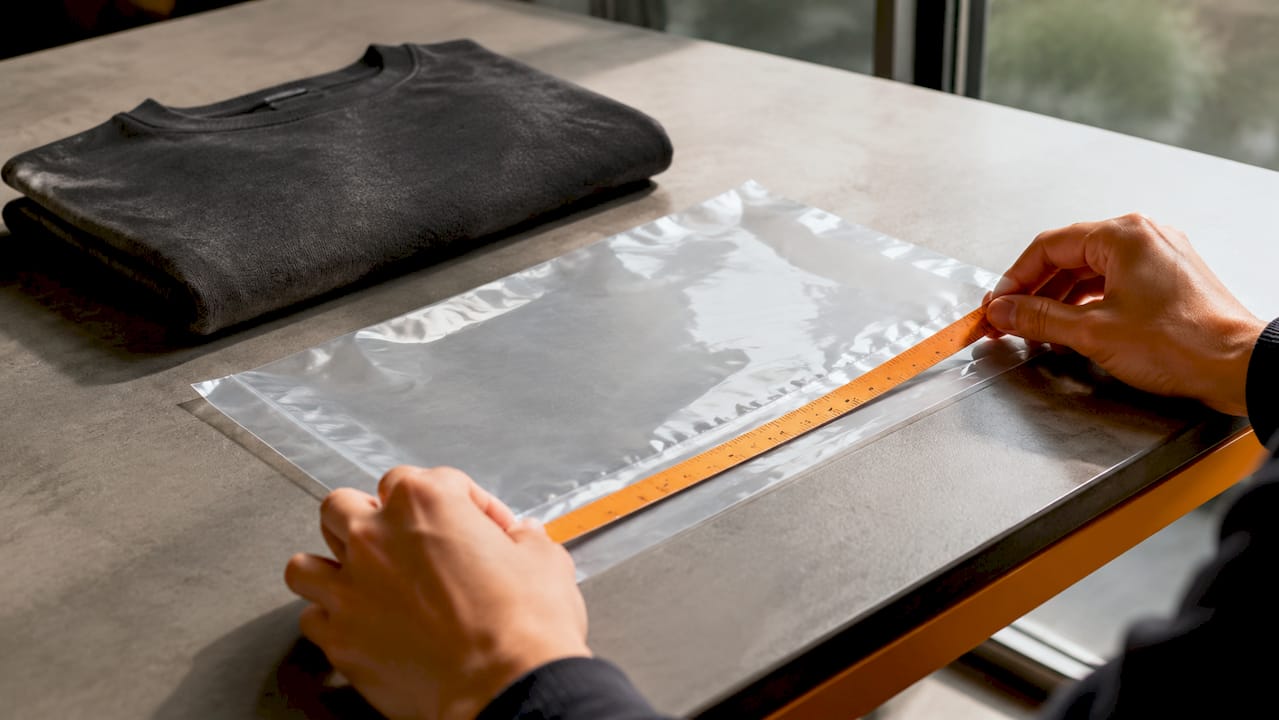 Hands measuring a flat poly bag opening