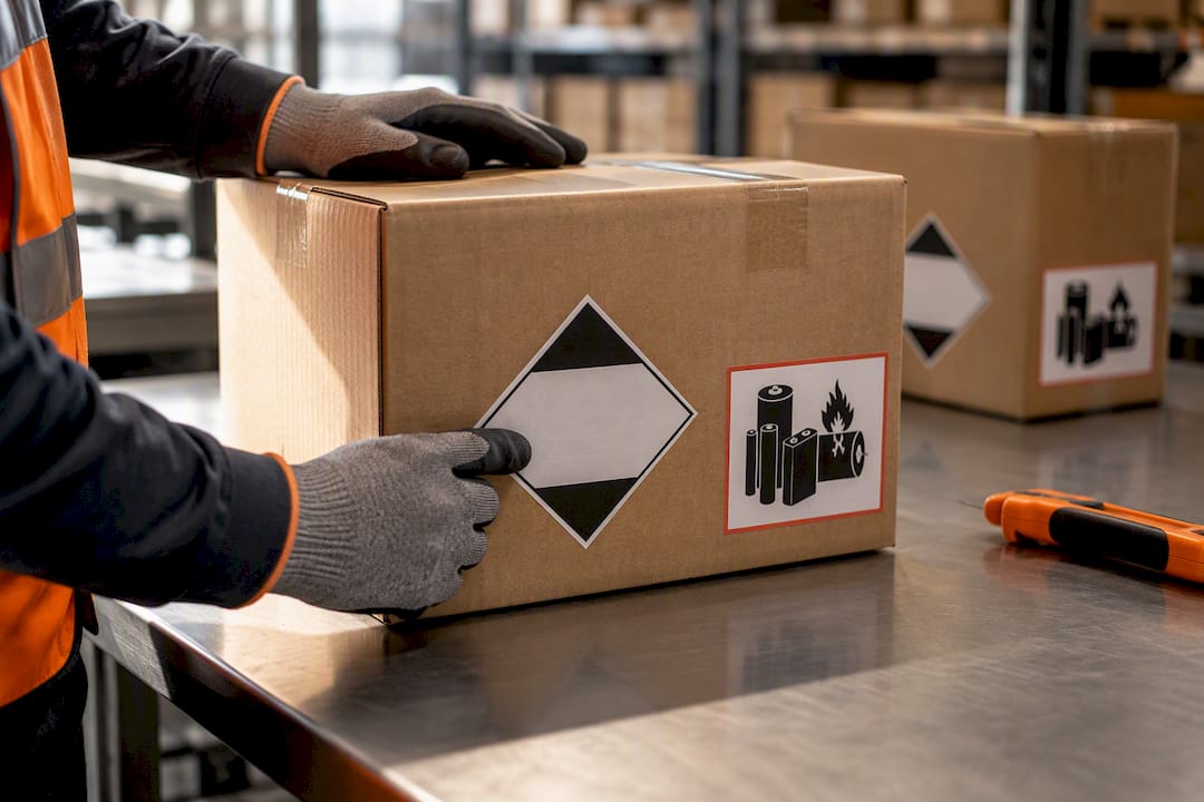 Worker checking hazard marks on shipping carton
