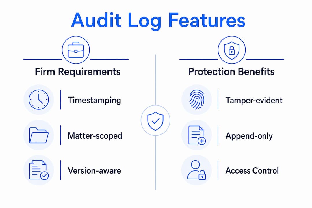 Infographic comparing legal audit log features categories