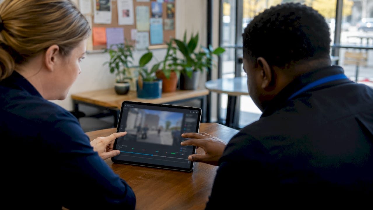 Hands holding tablet with AI body-cam footage analysis