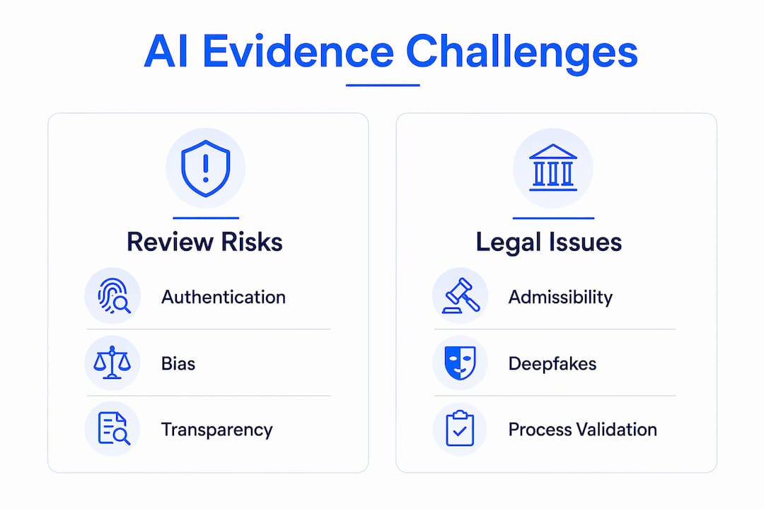 Infographic showing AI evidence challenges divided into review risks and legal issues