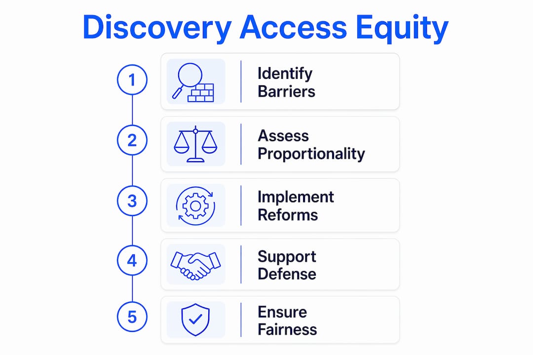 Infographic illustrating key steps of discovery access equity