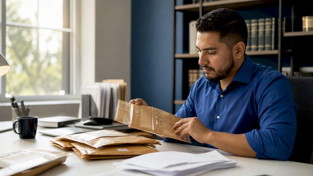 Hands sorting evidence envelopes on cluttered desk