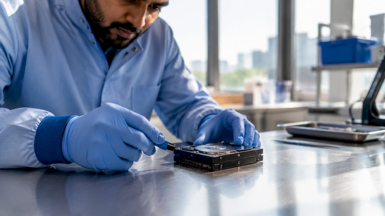 Hands connecting forensic disk imaging hardware