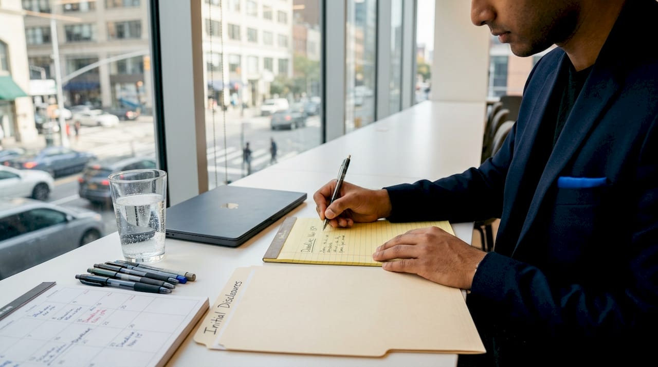 Hands taking notes on initial disclosures in legal office