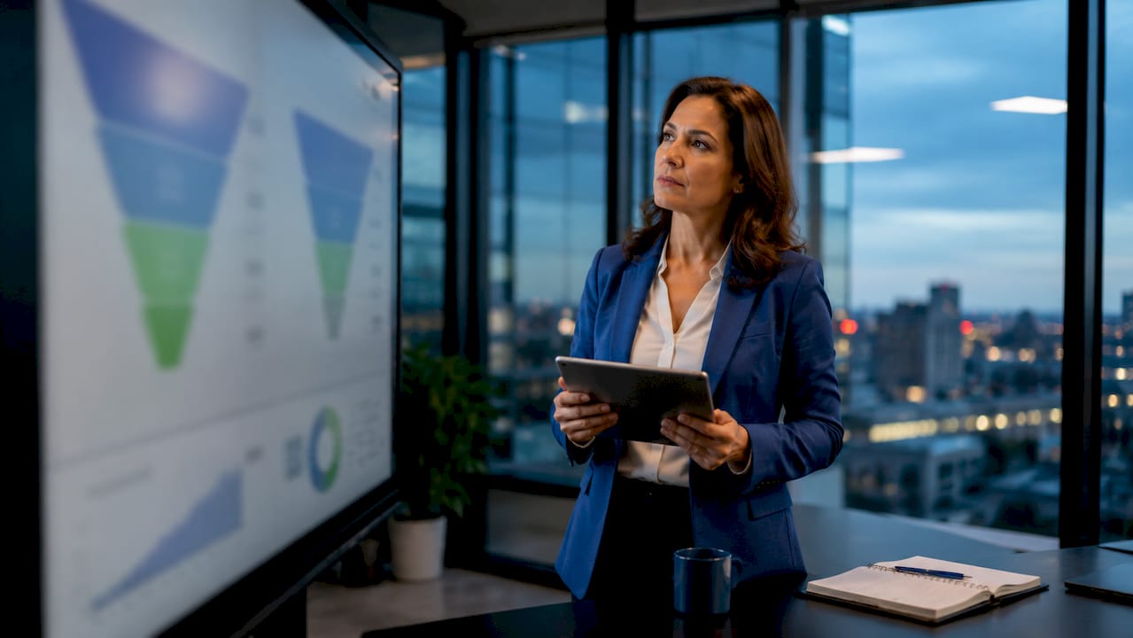 Businesswoman analyzing marketing funnel metrics