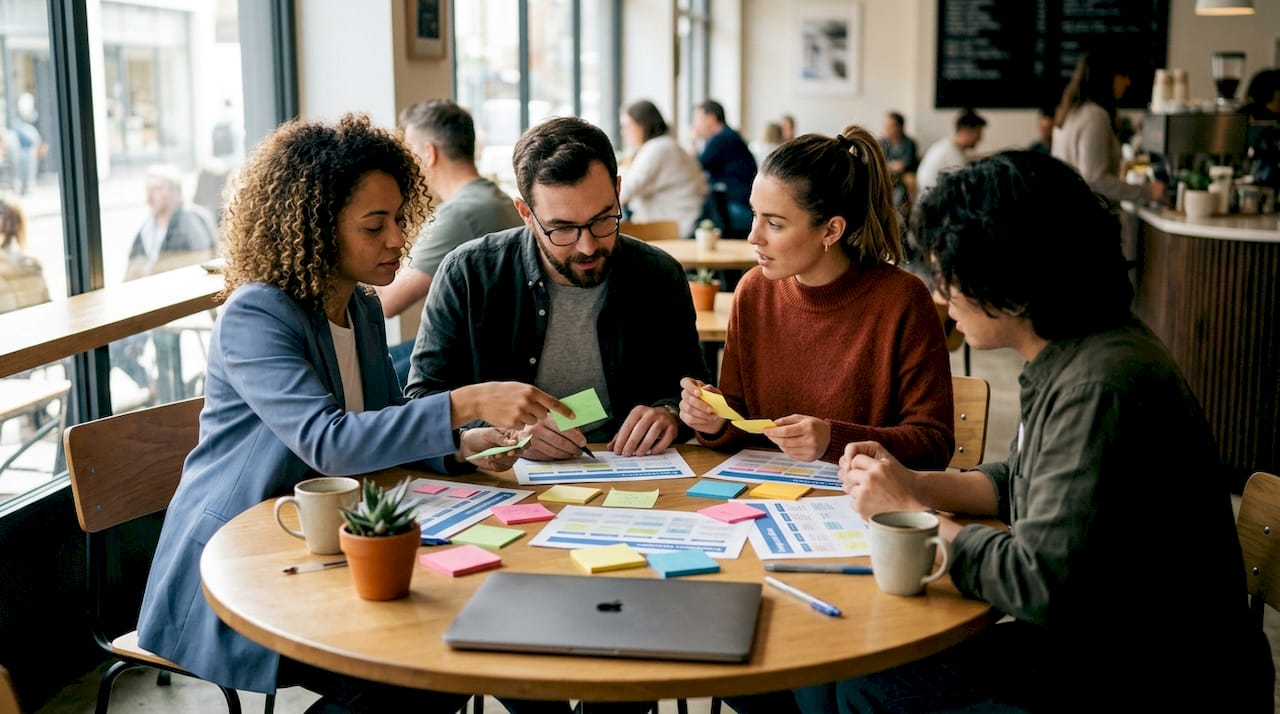 Diverse hands arranging marketing workflow papers