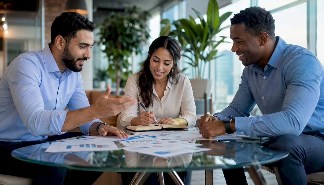 Team discussing ROAS charts in office meeting