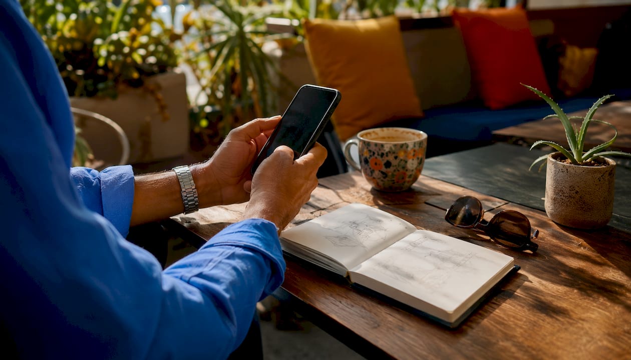 Hands using smartphone at café table