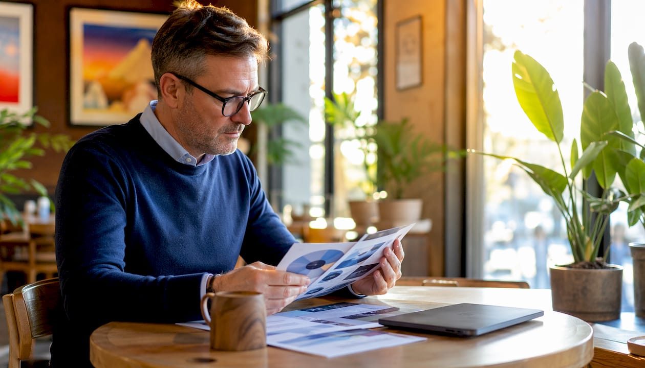 NZ businessman reviewing digital marketing service brochures