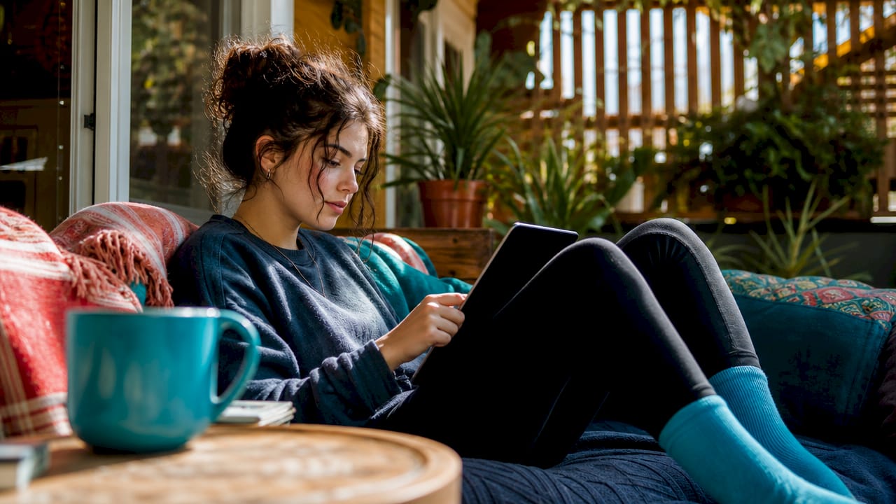 Woman playing free browser games on tablet