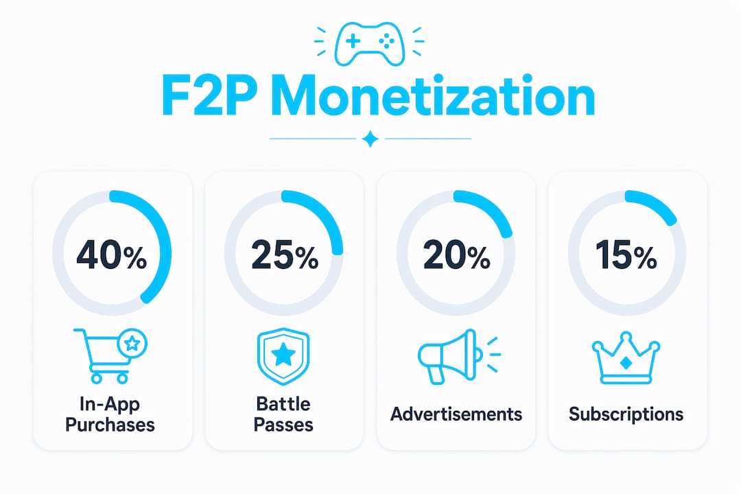 Infographic showing free-to-play game revenue sources with stats