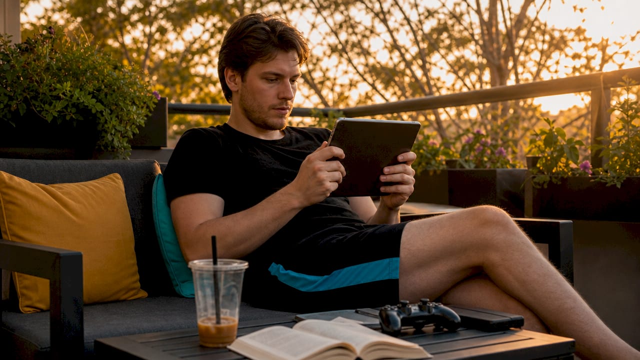 Casual gamer playing free online game in apartment