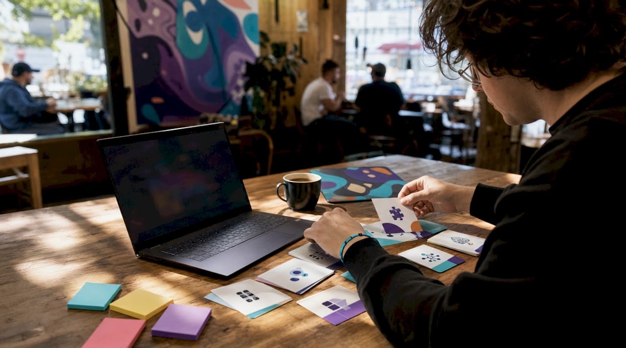 Hands organizing game category cards on desk