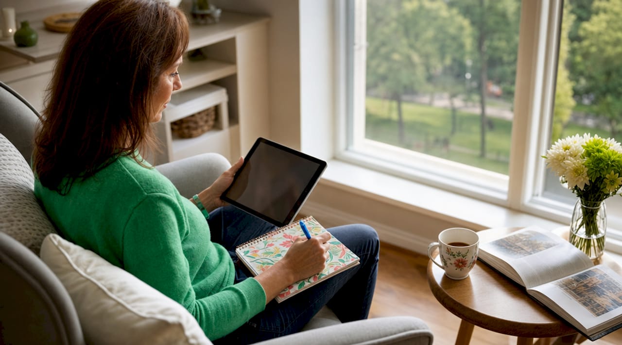 Una donna sfoglia la guida digitale del suo appartamento per le vacanze